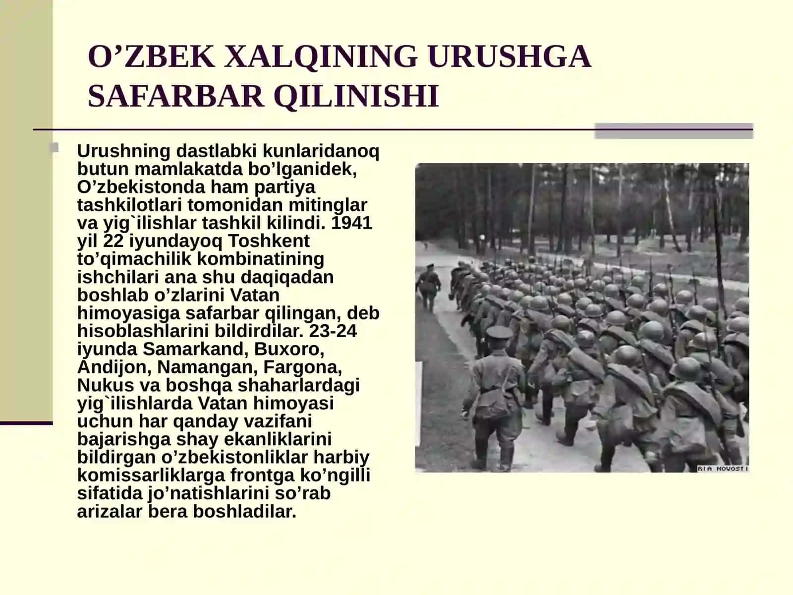 Ikkinchijahonurushi yillaridao’zbek xalqiningfashizm ustidanqozongan g`alabaga qo’shganhissasi 4
