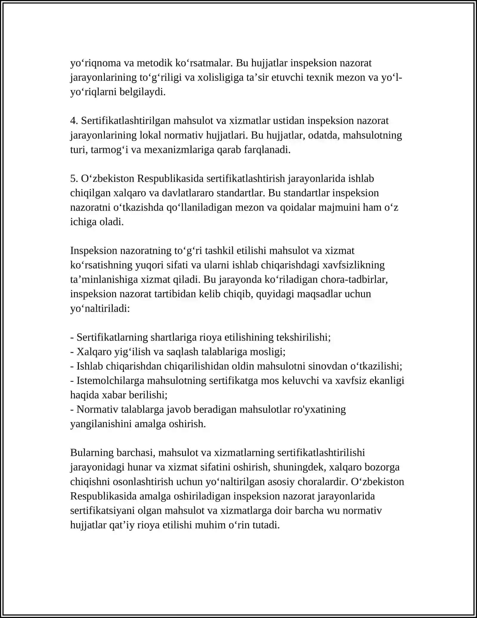 SERTIFIKATLASHTIRILGAN MAHSULOT VA XIZMATLAR USTIDAN INSPEKSION NAZORATNI O'TKAZISH 4