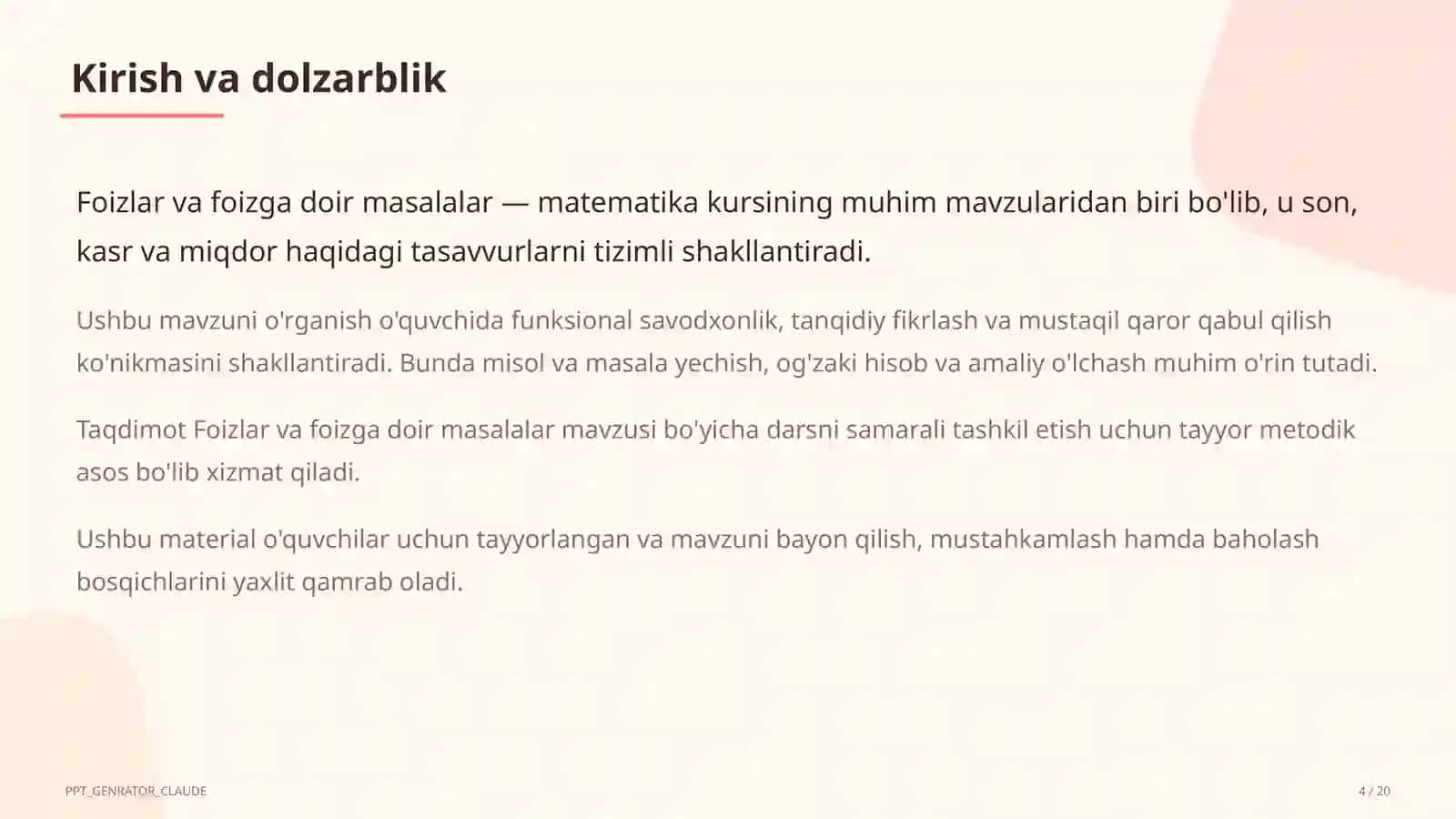 Foizlar va foizga doir masalalar (5-sinf) 4