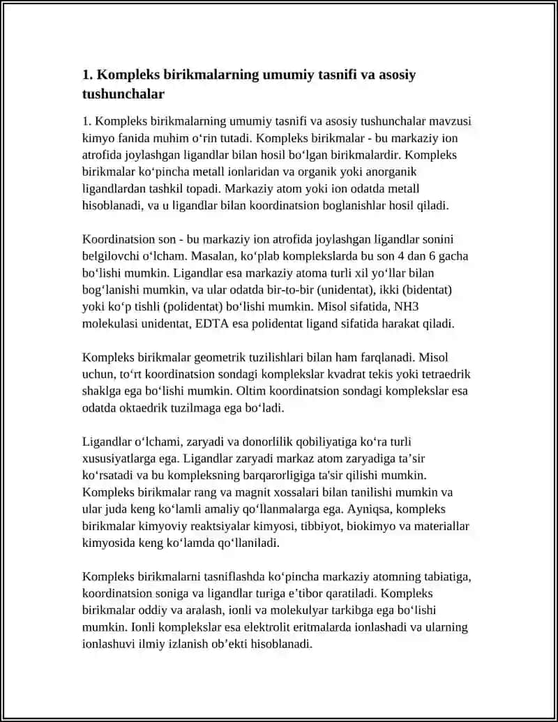 KOMPLEKS BIRIKMALARNING SINFLANISHI AKVOKOMPLEKSLAR ULARNING IONLANISHINI TAHLILIY MA’LUMOT (ESSE) TAYYORLASH 4