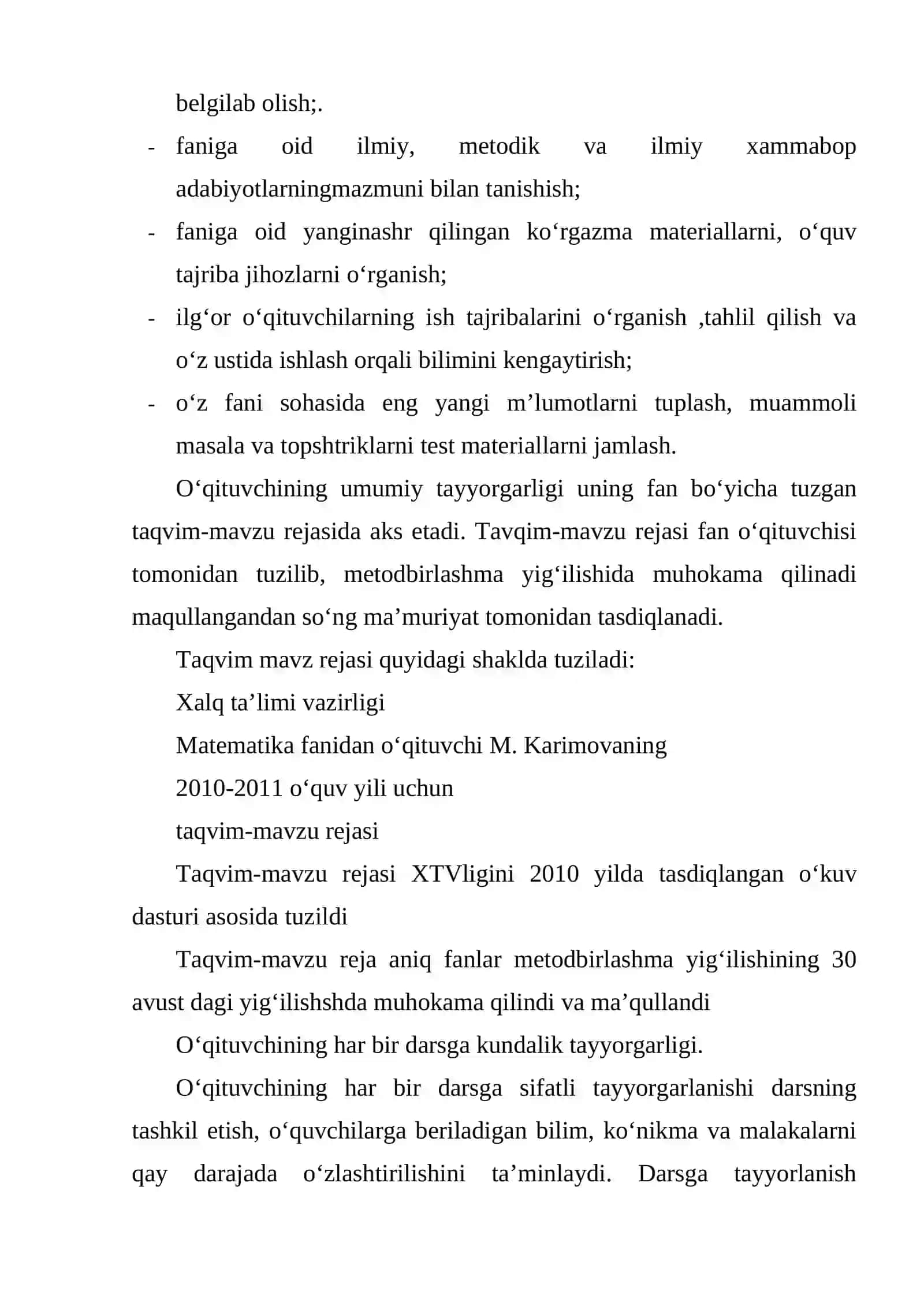 Darsni rejalashtirish va o'qituvchining unga tayyorgarligi 4