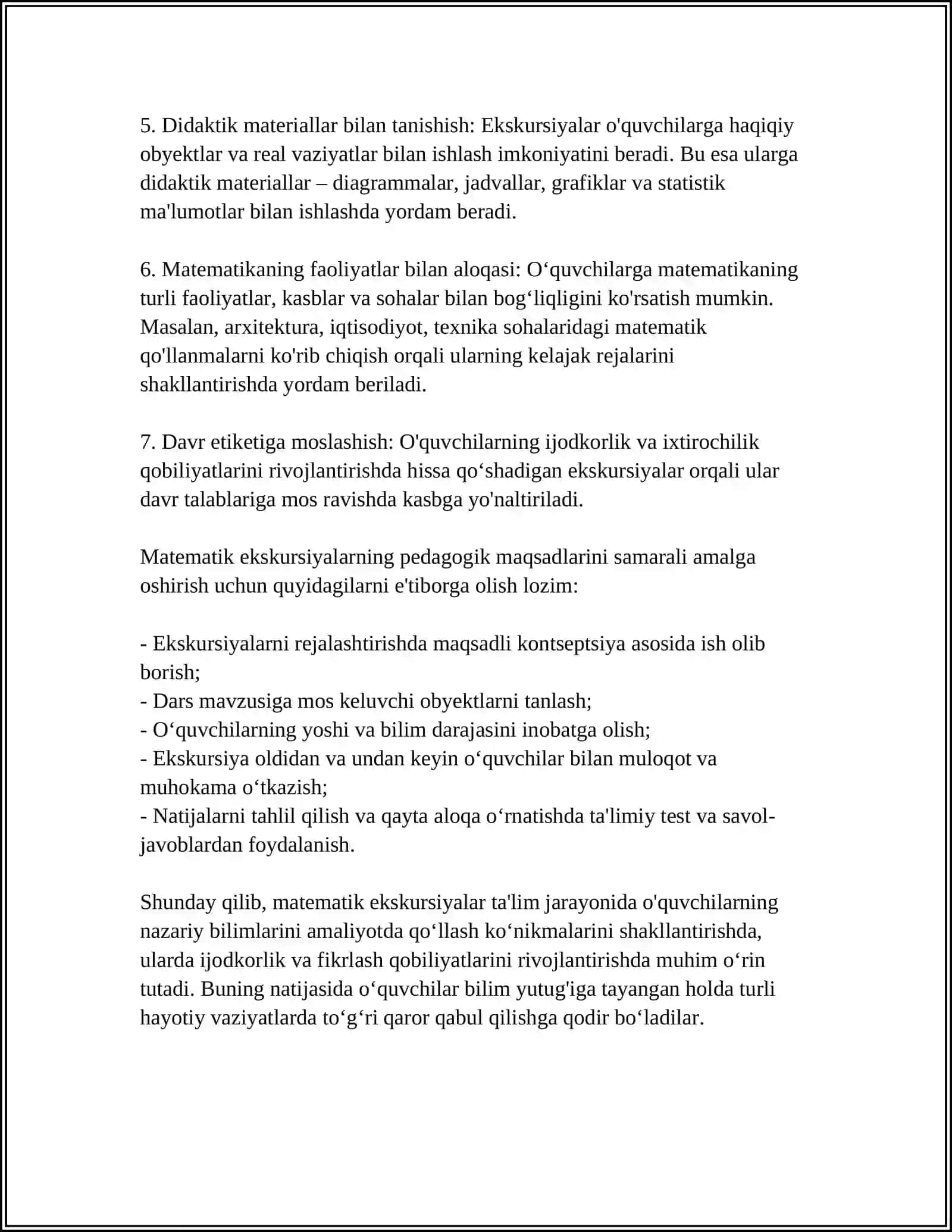 MATEMATIK EKSKURSIYALAR, ERTALIKLAR VA O'YINLARNI TAYYORLASH VA O'TKAZISH MATODIKASI 4