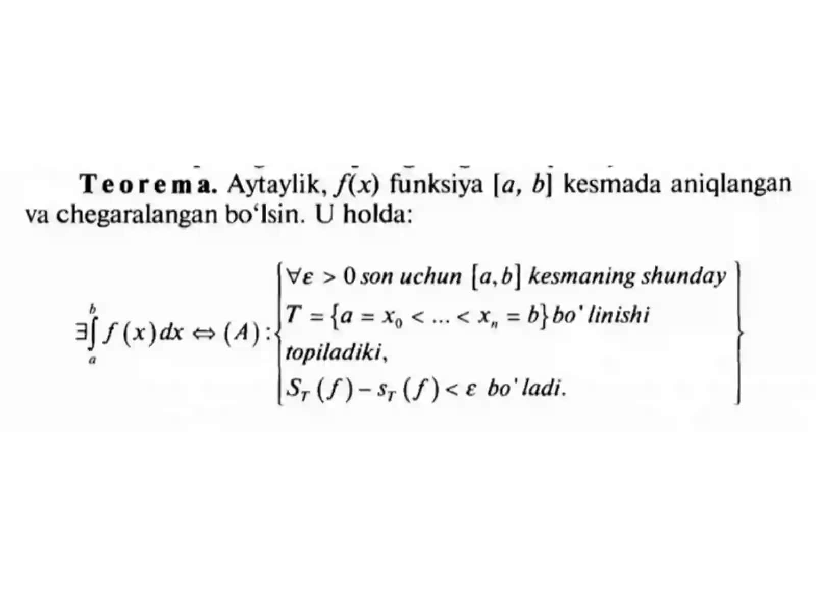 Aniq integral (Riman integrali) ta'riflari. Aniq integralning mavjudligi va integrallanuvchi funksiyalar sinfi 4