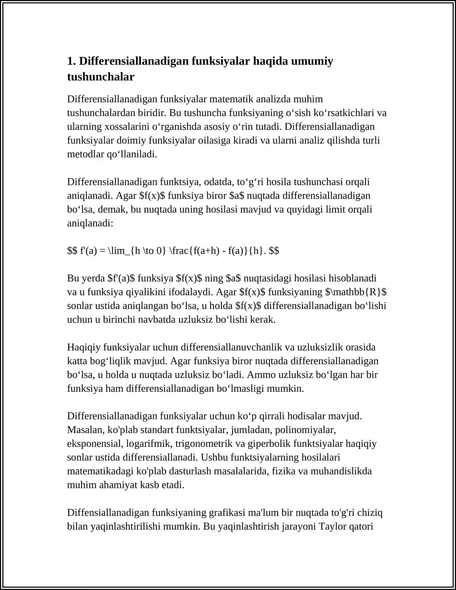 DIFERENSIALLANUVCHI FUNKSIYALAR HAQIDA BAZI BIR TEOREMALAR.EGRI CHIZIQQA URINMA VA NORMAL TENGLAMASI. LOPITAL QOIDASI 4