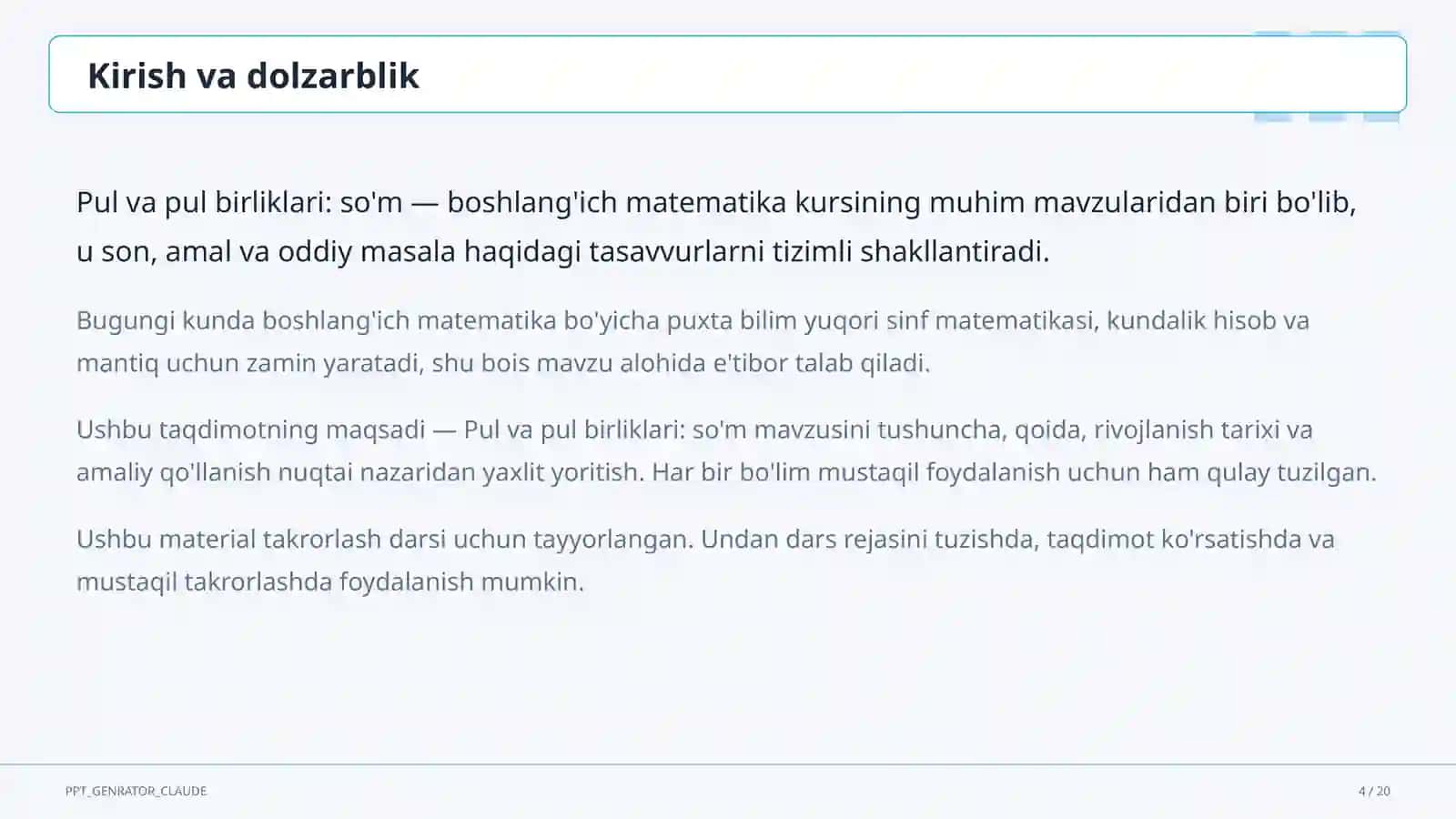 Pul va pul birliklari: so'm (2-sinf) 4