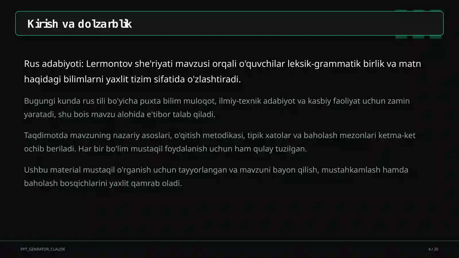 Rus adabiyoti: Lermontov she'riyati (9-sinf) 4
