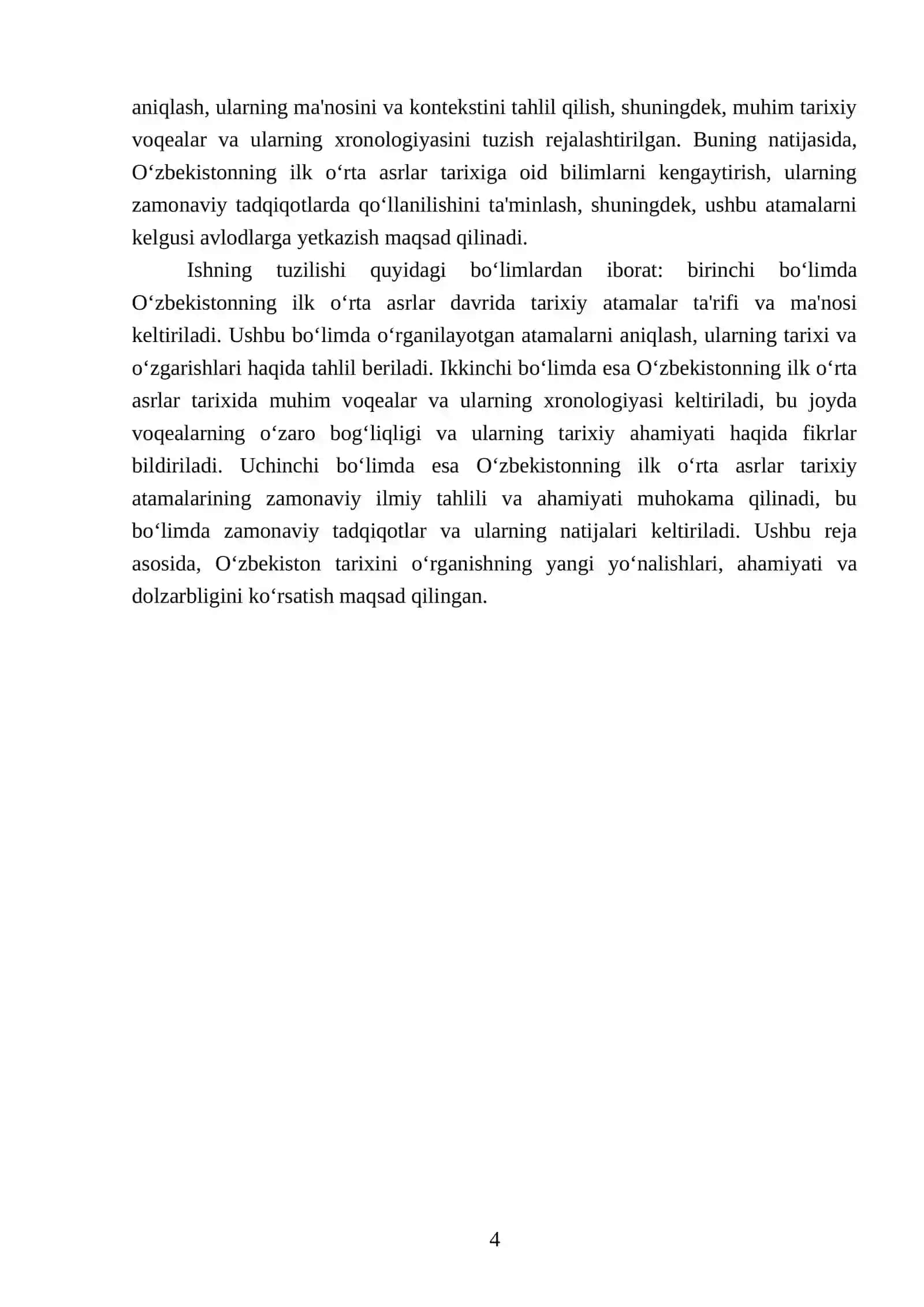 O‘zbekistonning ilk o‘rta asrlar davri tarixiga oid bo‘lgan tarixiy atamalarning izohli lug‘atini va xronologiyasini tuzish 4