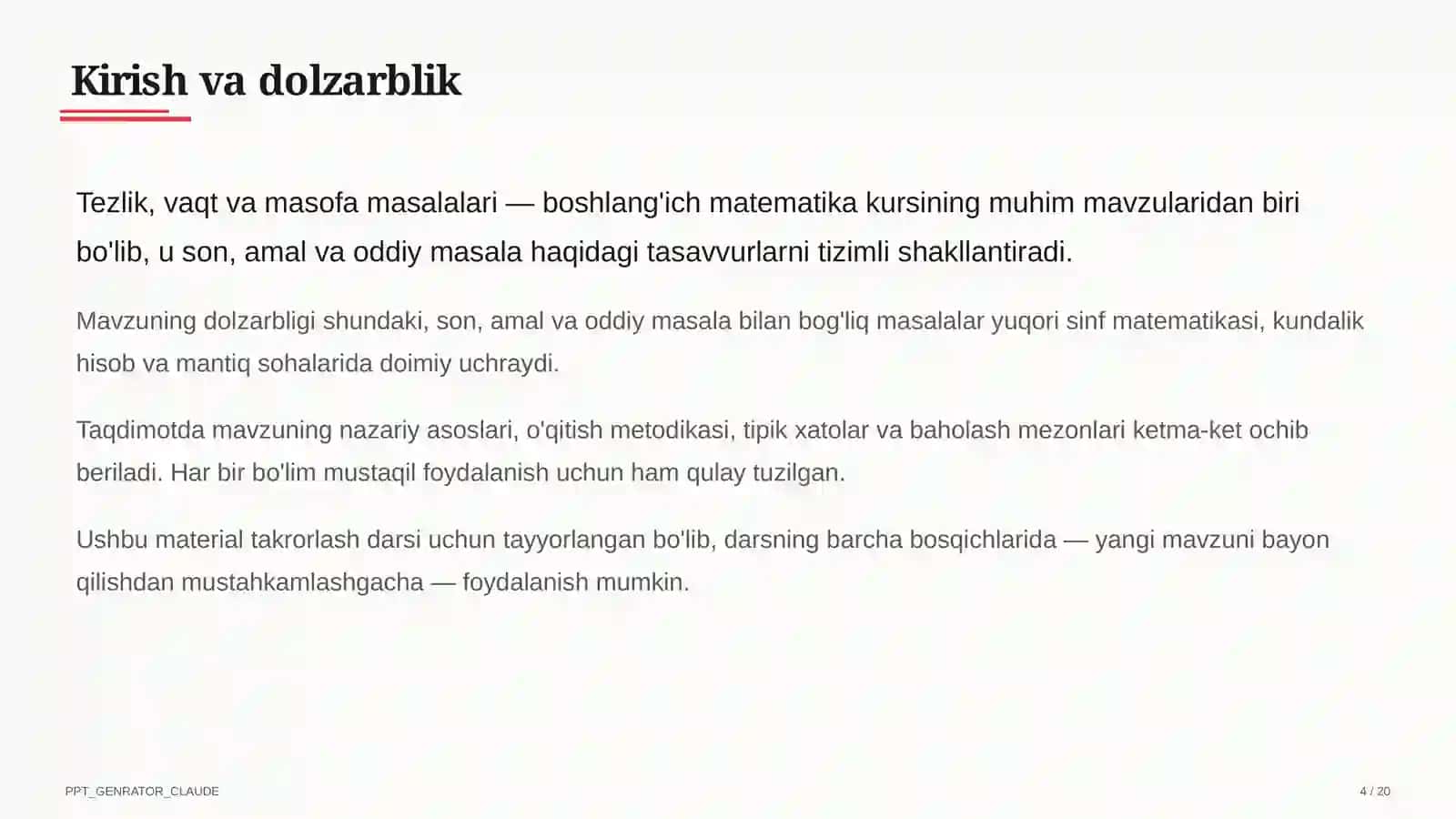 Tezlik, vaqt va masofa masalalari (4-sinf) 4