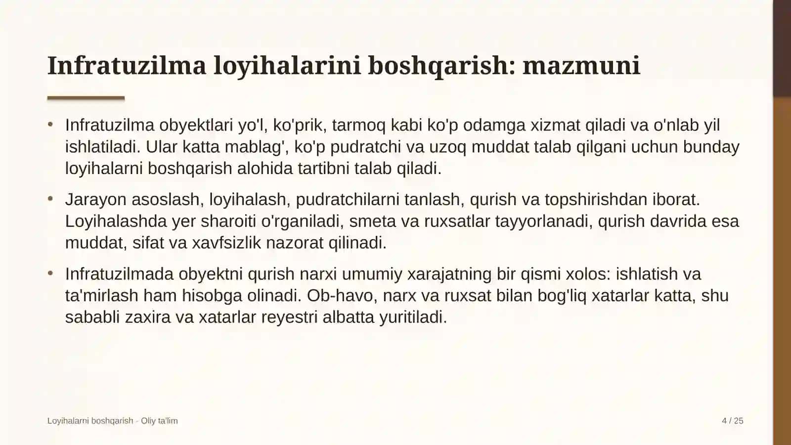 yetkazib berish xizmatlarida infratuzilma loyihalarini boshqarish 6104 4