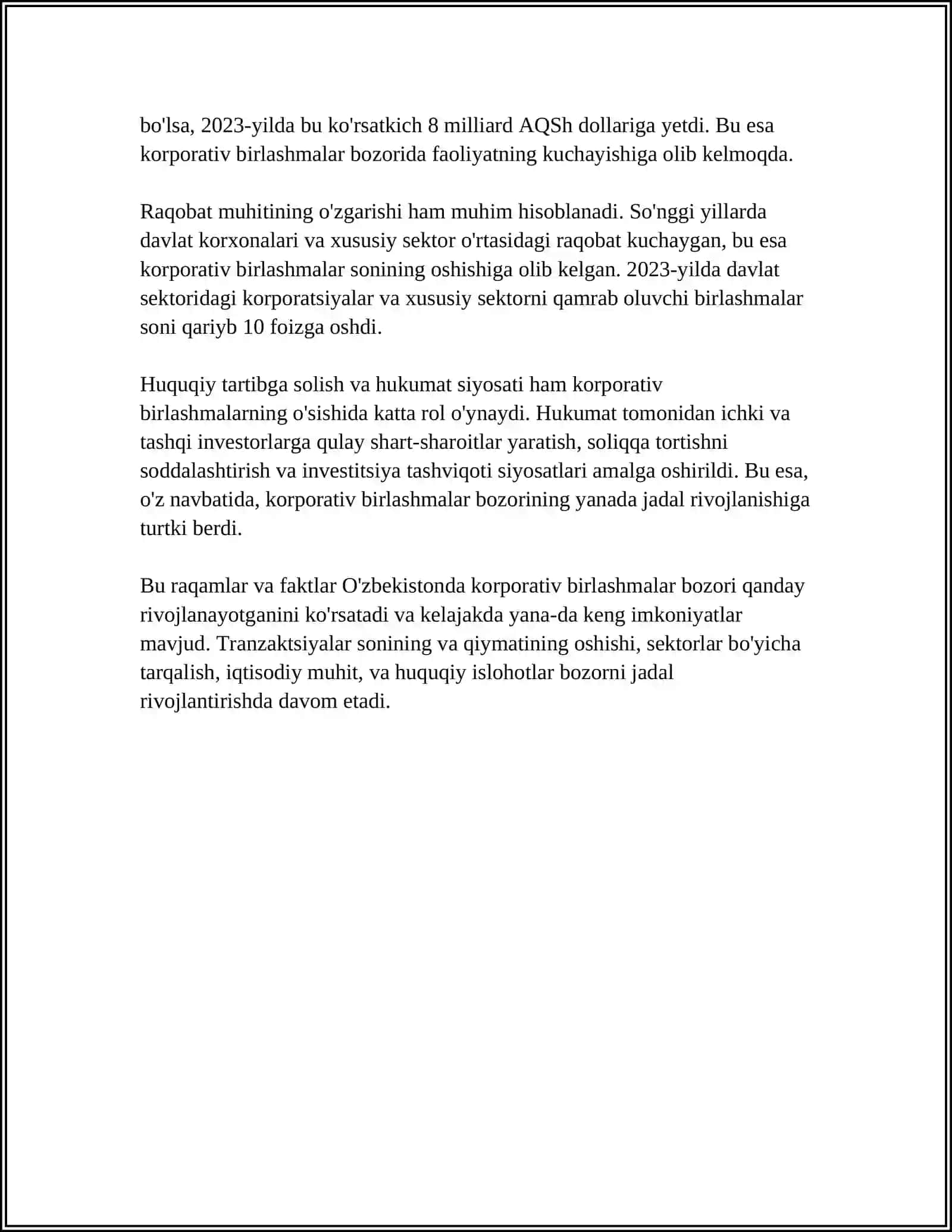 O'ZBEKISTONDA KORPORATIV BIRLASHISHLAR VA QO’SHIB OLISHLAR TAHLILI VA ISTIQBOLLARI 4