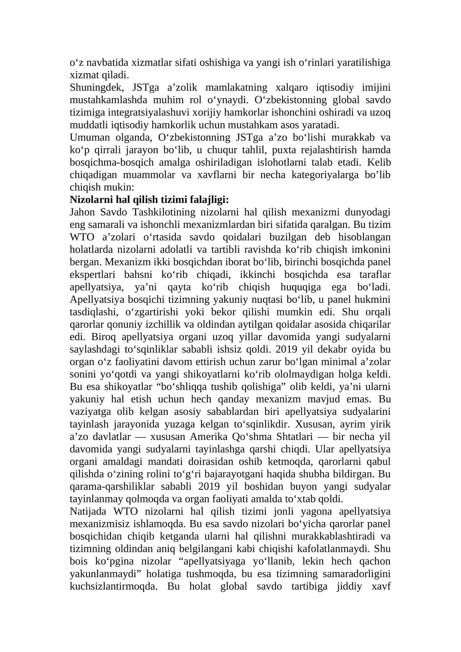 O‘ZBEKISTONNING JAHON SAVDO TASHKILOTIGA (JST) A’ZO BO‘LISHI: MUAMMOLAR VA YUZAGA KELISHI MUMKIN BO‘LGAN OQIBATLAR 4