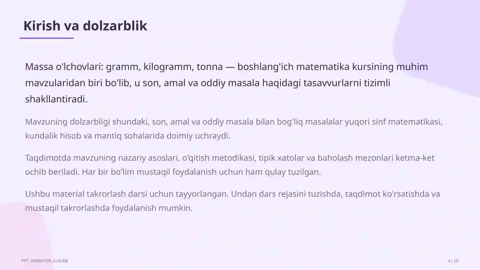 Massa o'lchovlari: gramm, kilogramm, tonna (4-sinf) 4