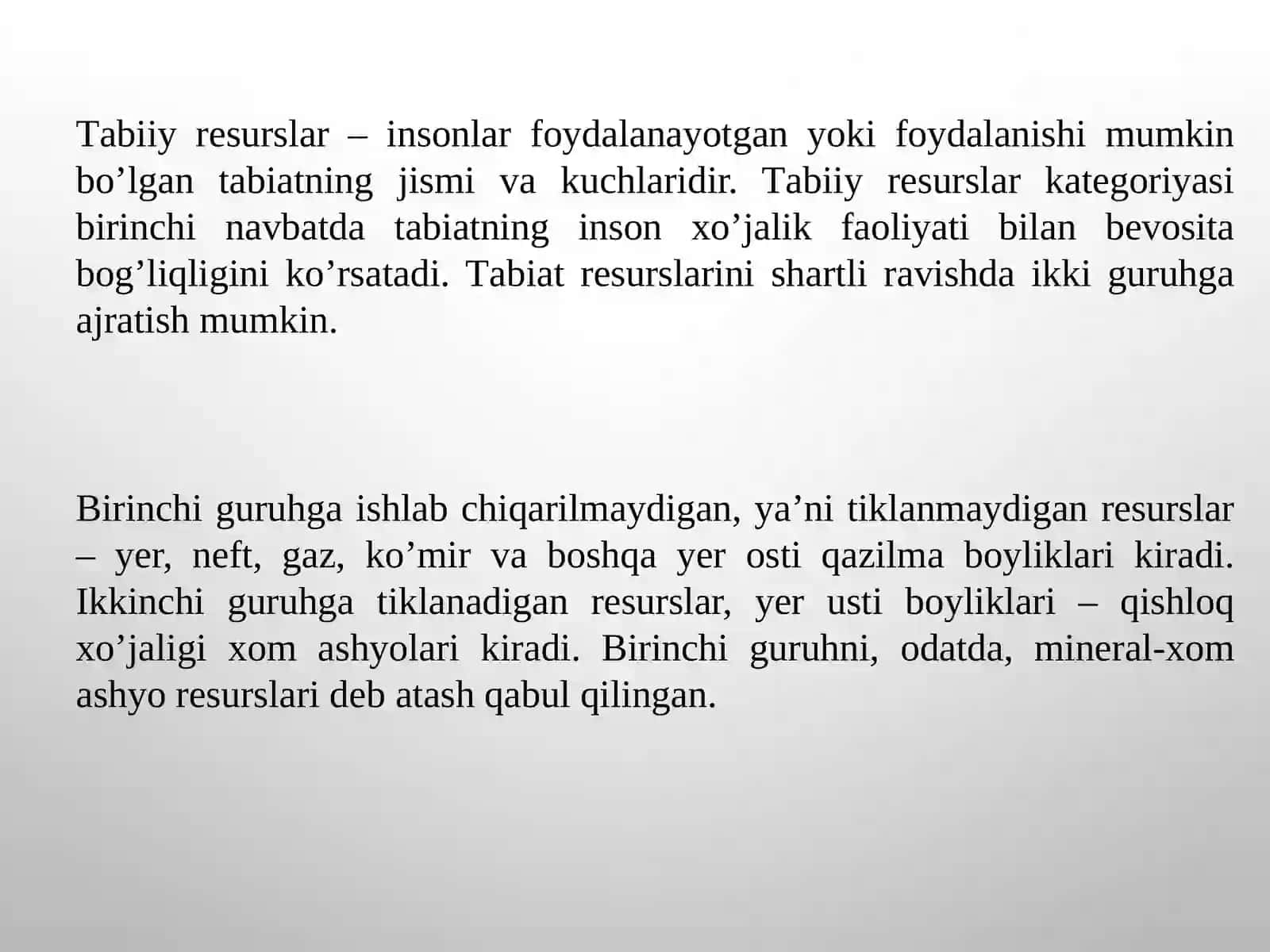 Tabiiy resurslar va ularning hududiy taraqqiyot doirasida tutgan o'rni 4