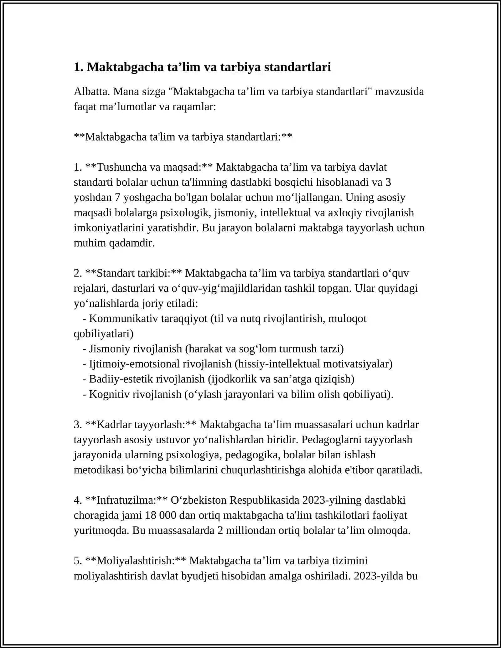 MAKTABGACHA TA‘LIM VA TARBIYA STANDARTI VA UNDAGI RIVOJLANTIRUVCHI MUHITNI TASHKIL ETISHGA QO‘YILADIGAN TALABLAR 4