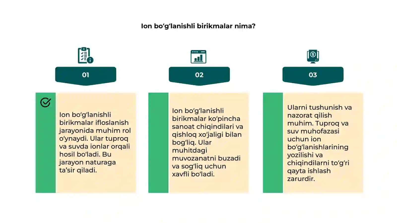Tuproq va suvning ifloslanishi ion boģlanishli birikmalar 4