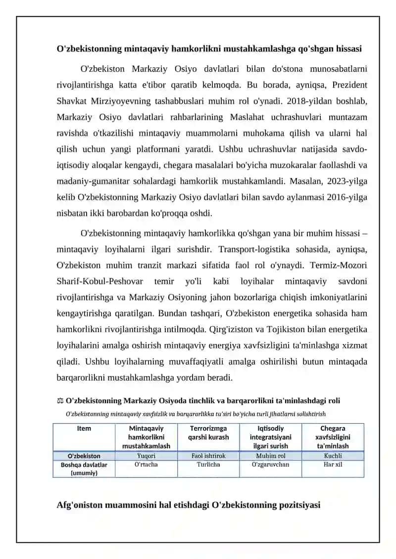 Oʻzbekistonning markaziy osiyoda tinchlik va barqarorlikni ta'minlashdagi oʻrni 4