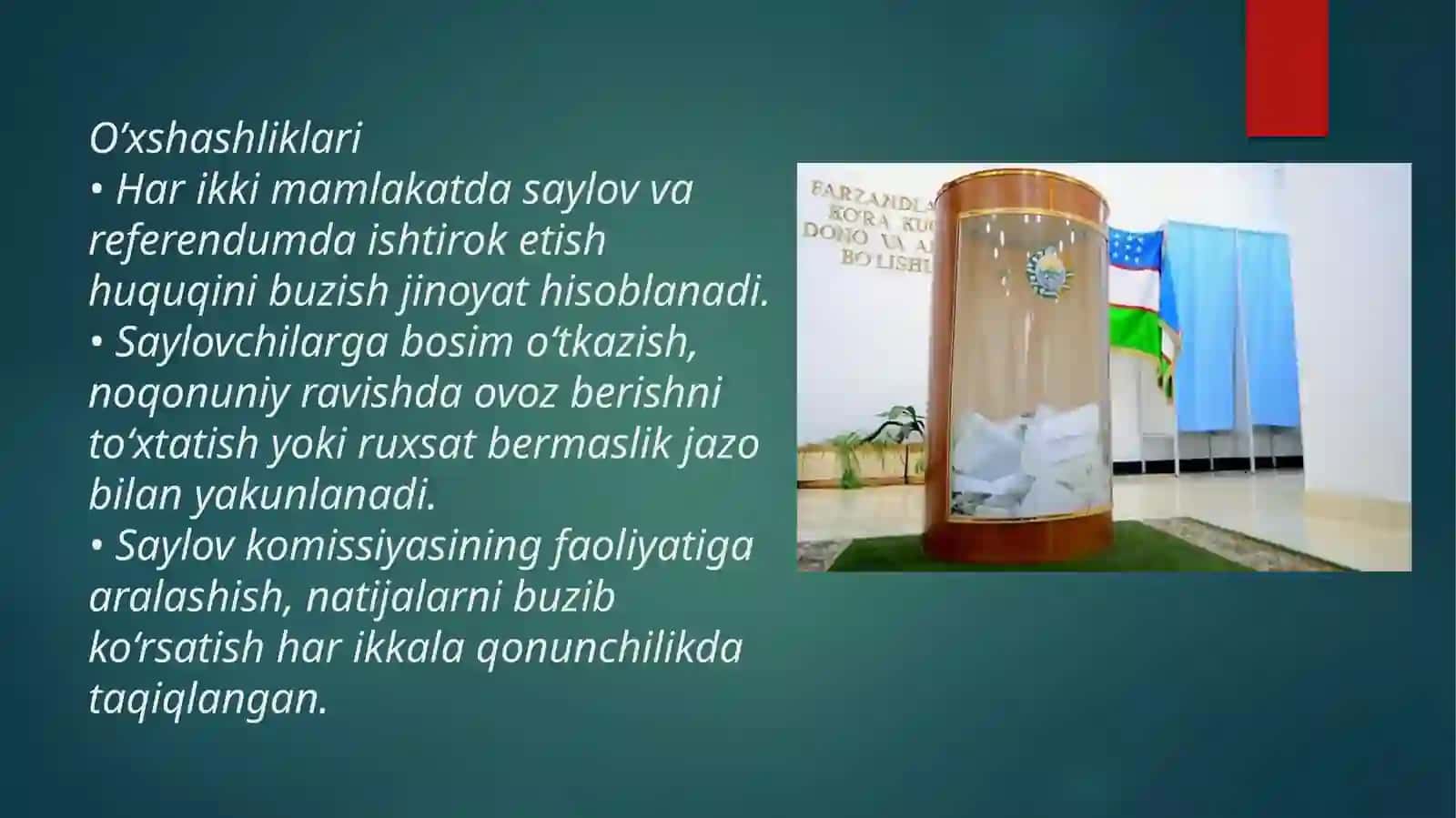 O‘zbekiston Respublikasi Jinoyat kodeksining 142-moddasi: Saylov huquqlarini buzish 4