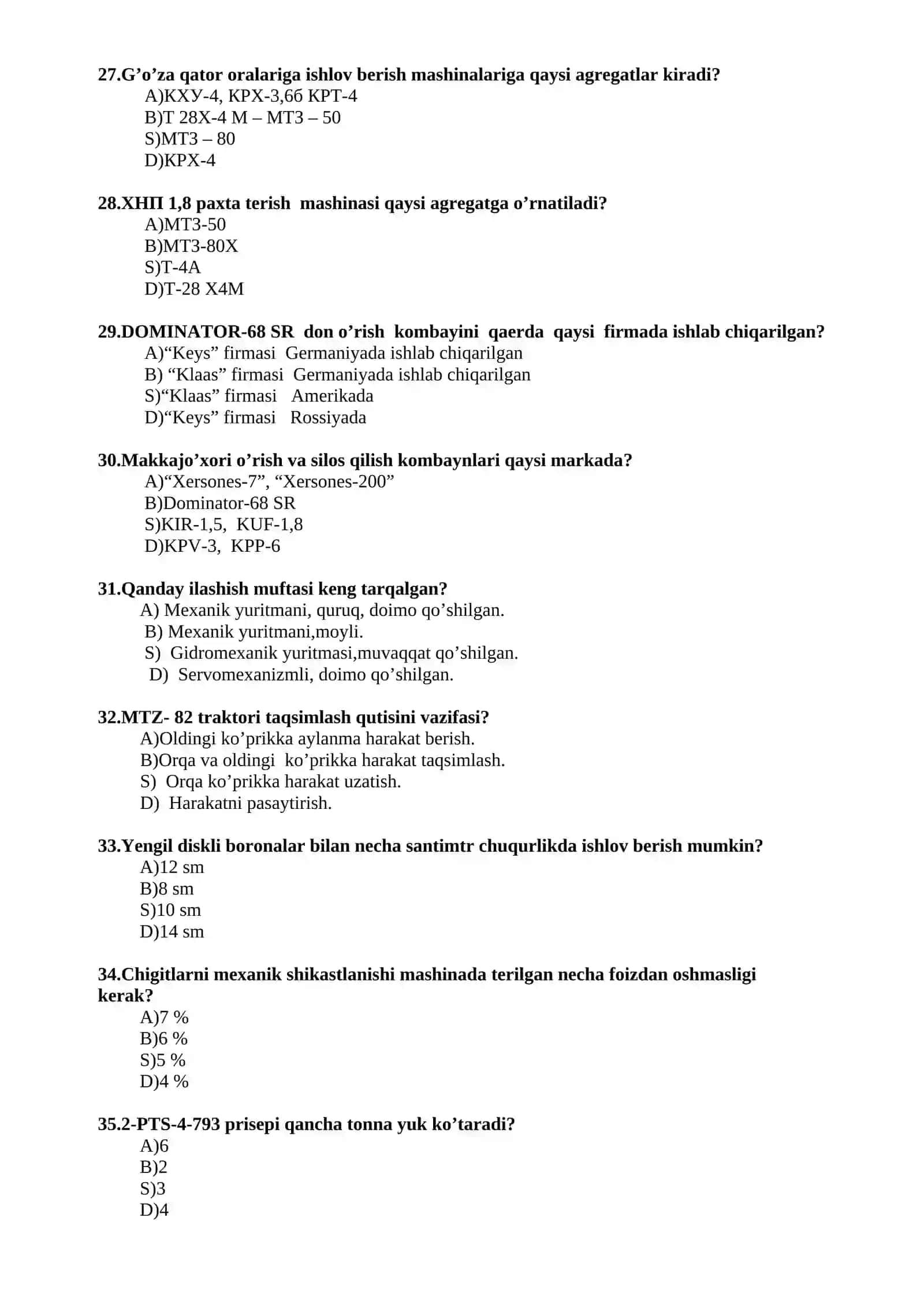 Traktorchi mashinist yonalishi bo’yicha kasbiy fanlardan test savollari 4