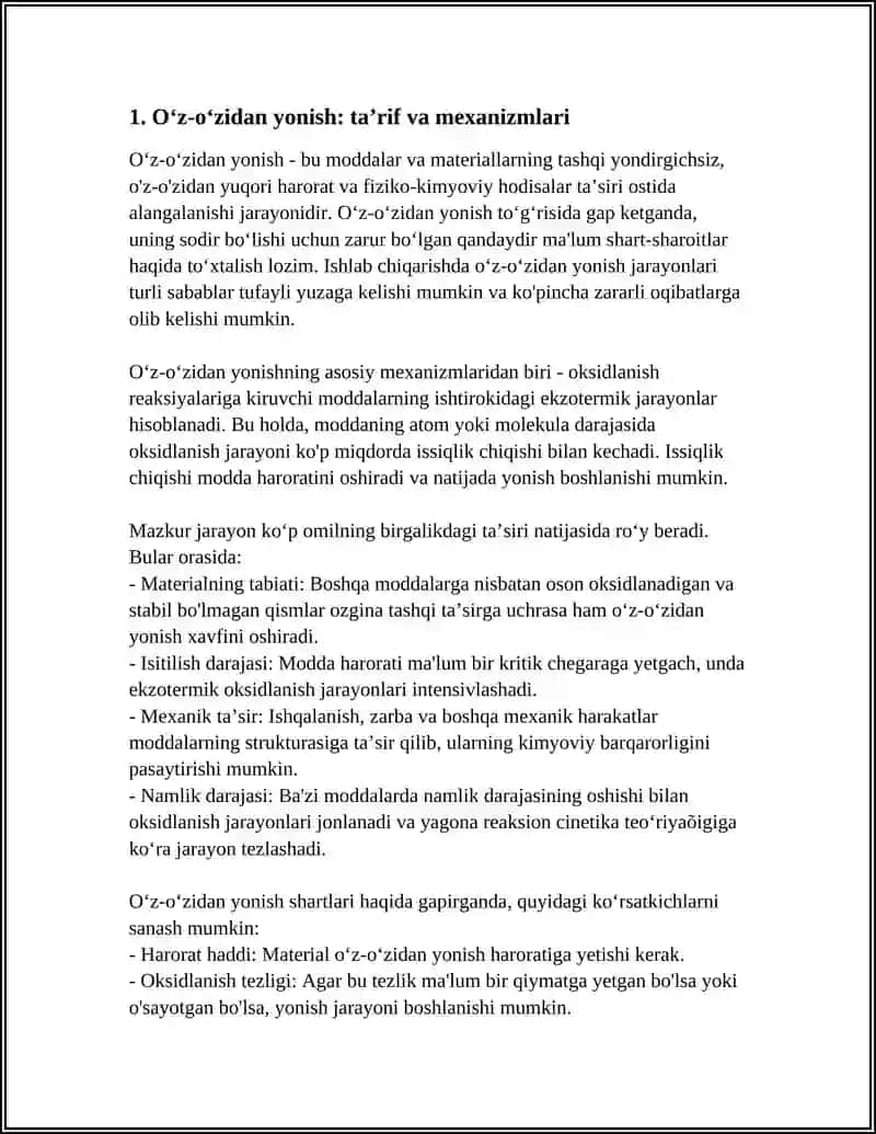 ISHLAB CHIQARISHDA QOʻLLANADIGAN MODDA VA MATERIALLARNING OʻZ-OʻZIDAN YONISH SHART SHAROITLARINI VA UNI TAVSIFLOVCHI KOʻRSATKICHLARNI OʻRGANISH 4