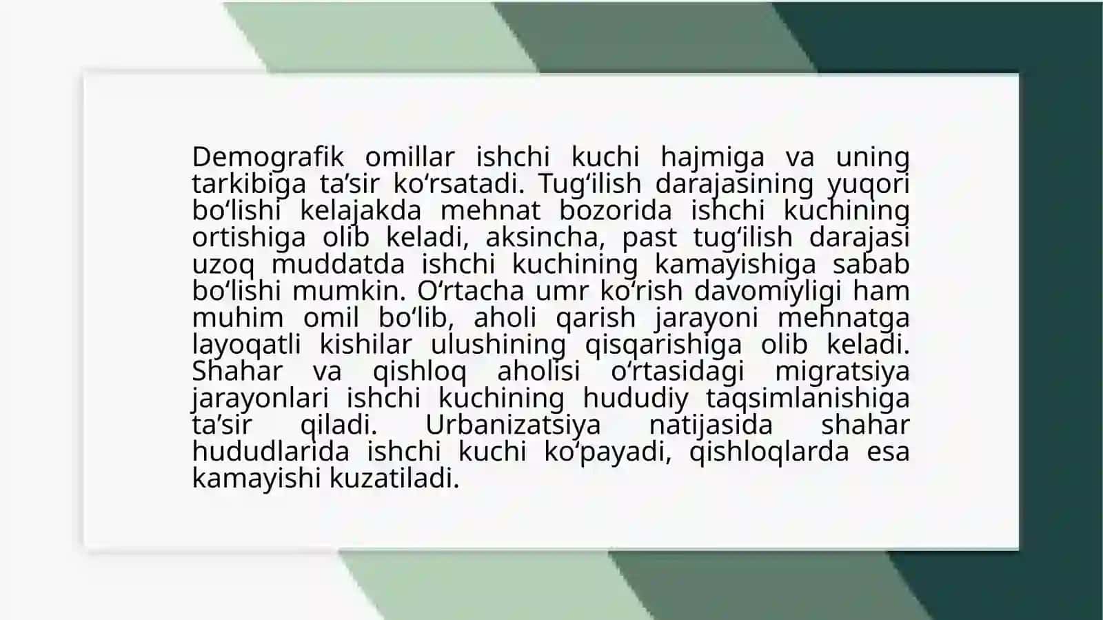 Demografik oʻmillar va ishchikuchini koʻpaytirish va qamaytirishiga tasir qiluvchi omillar 4