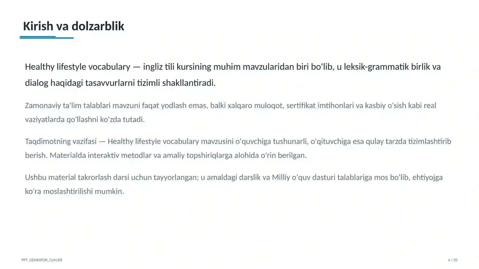 Healthy lifestyle vocabulary (7-sinf) 4