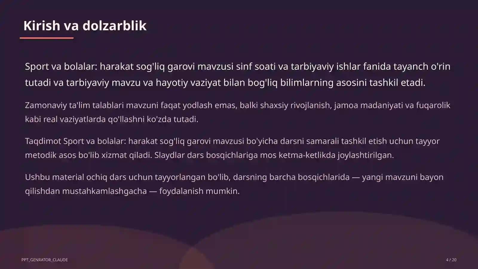Sinf soati va tarbiyaviy tadbirlar (1–11) — ochiq dars uchun 4