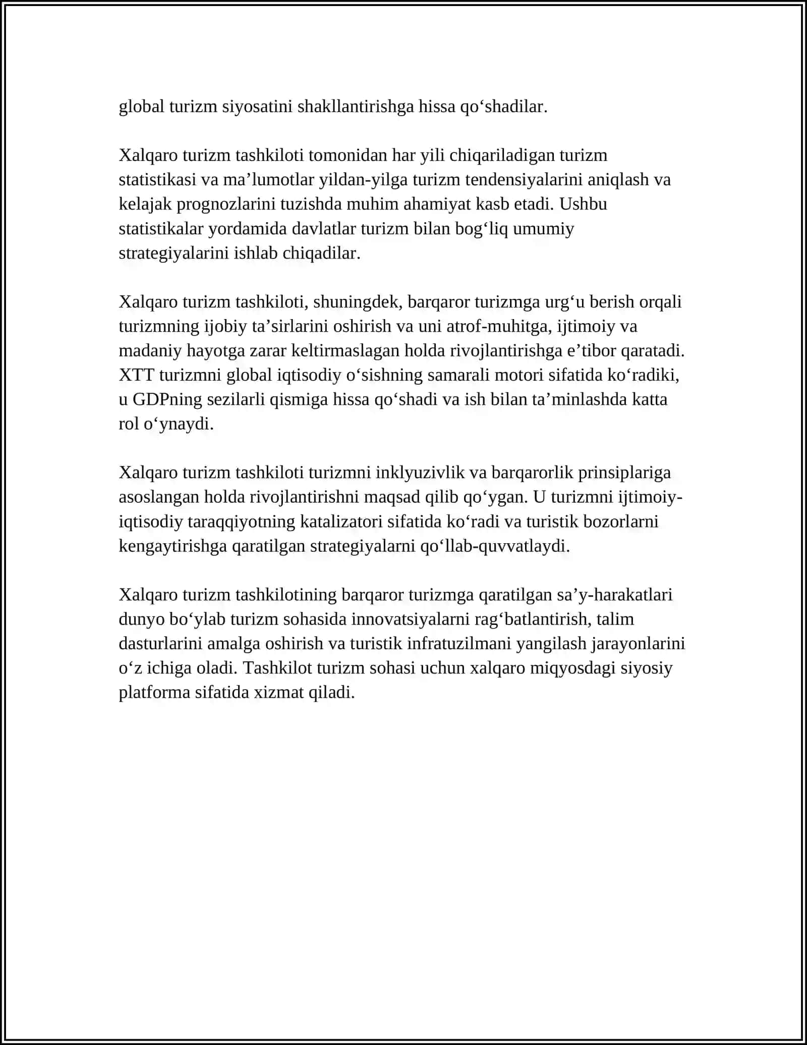 MUSTAQIL ISH Mavzu: XALQARO TURIZM TASHKILOTI FAOLOYATI 4