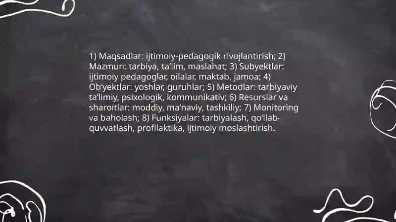 YOSHLAR TARBIYASIDA IJTIMOIY PEDAGOGIK FAOLIYAT MAZMUNI, TUZILMASI VA FUNKSIYALARI. YOSHLAR BILAN ISHLASH 4