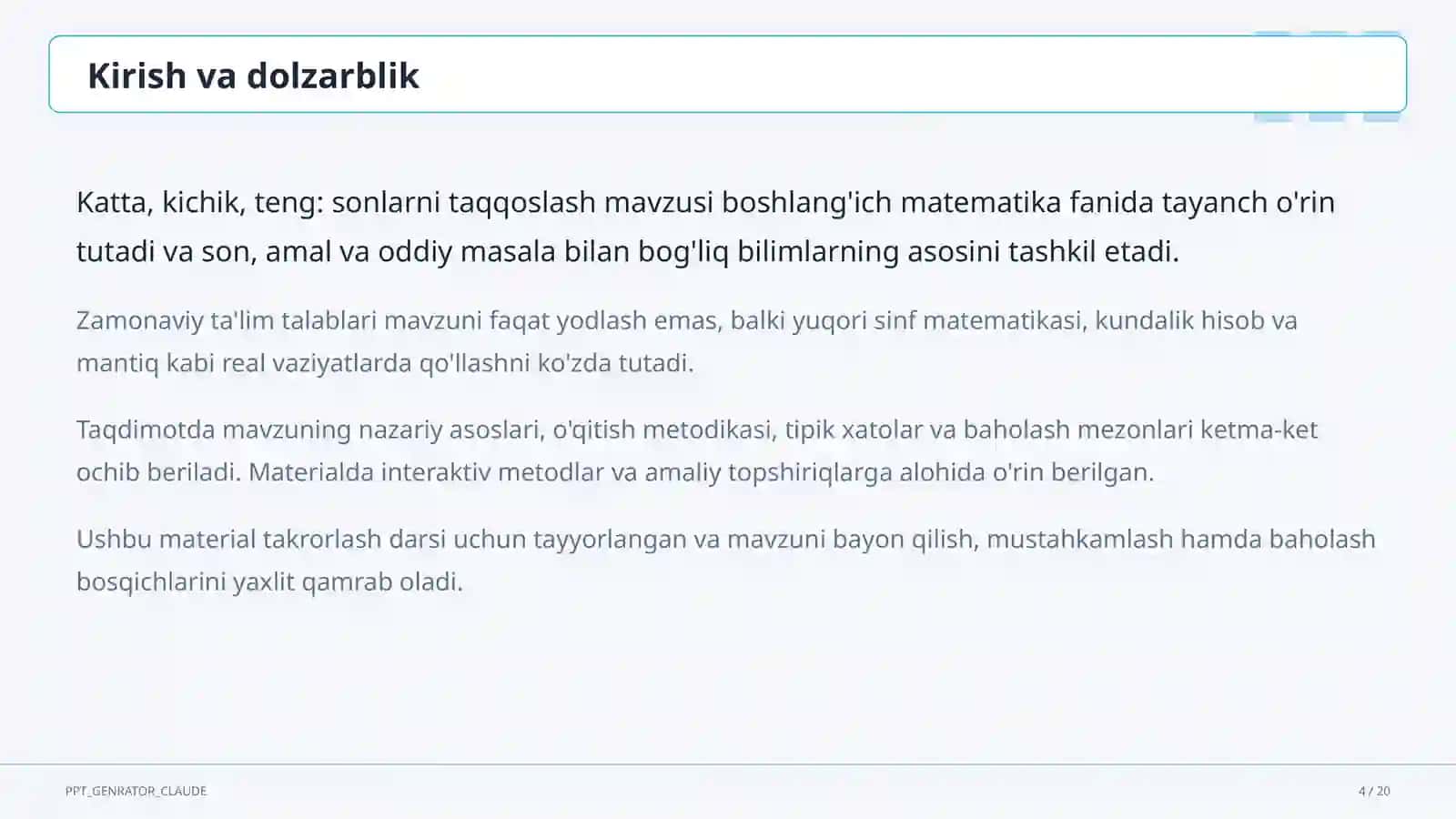 Katta, kichik, teng: sonlarni taqqoslash (1-sinf) 4