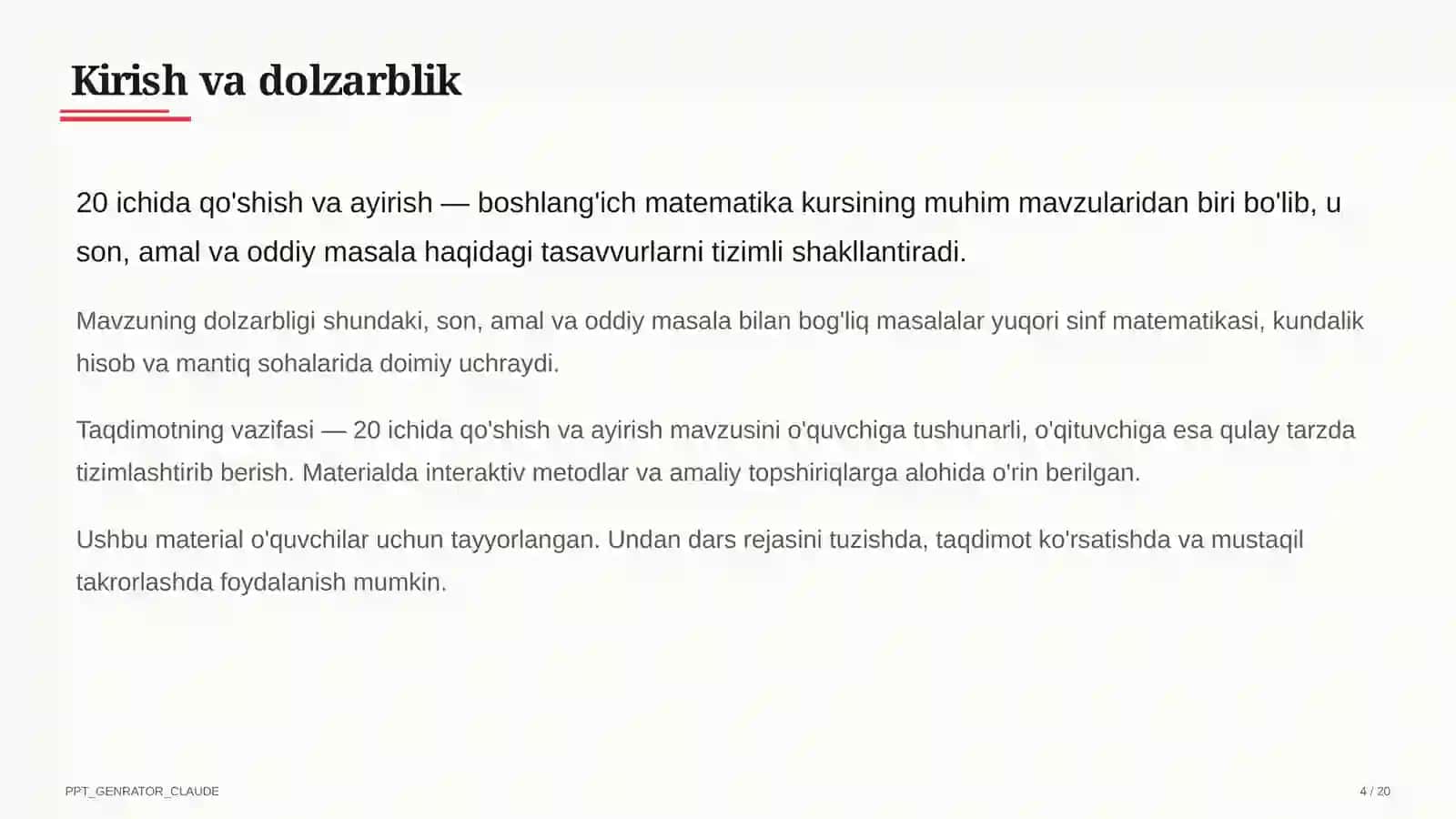 20 ichida qo'shish va ayirish (1-sinf) 4