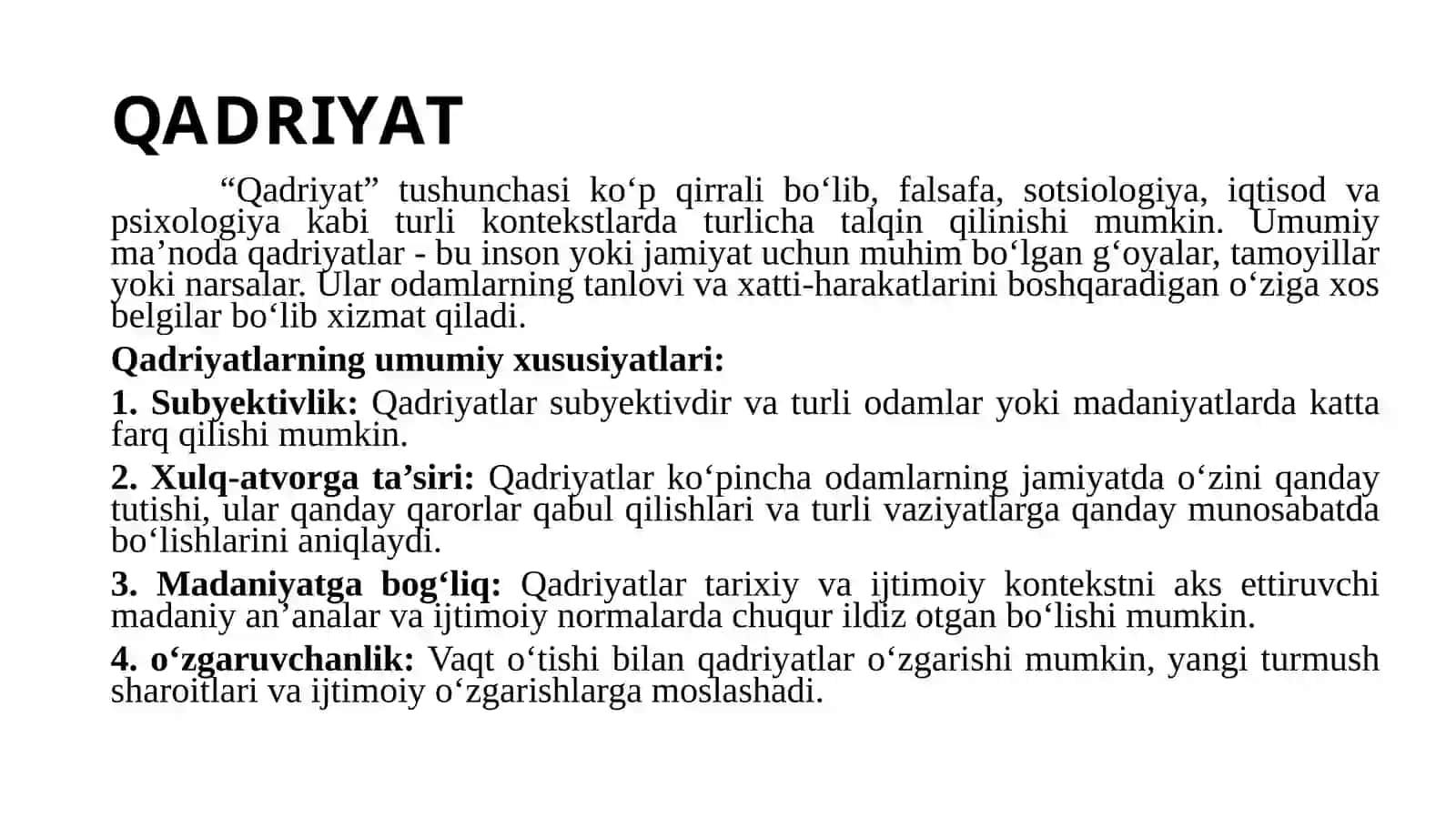 Qadriyatlar falsafasi (aksiologyia) mavzusida bir soatlik dars ishlanma 4