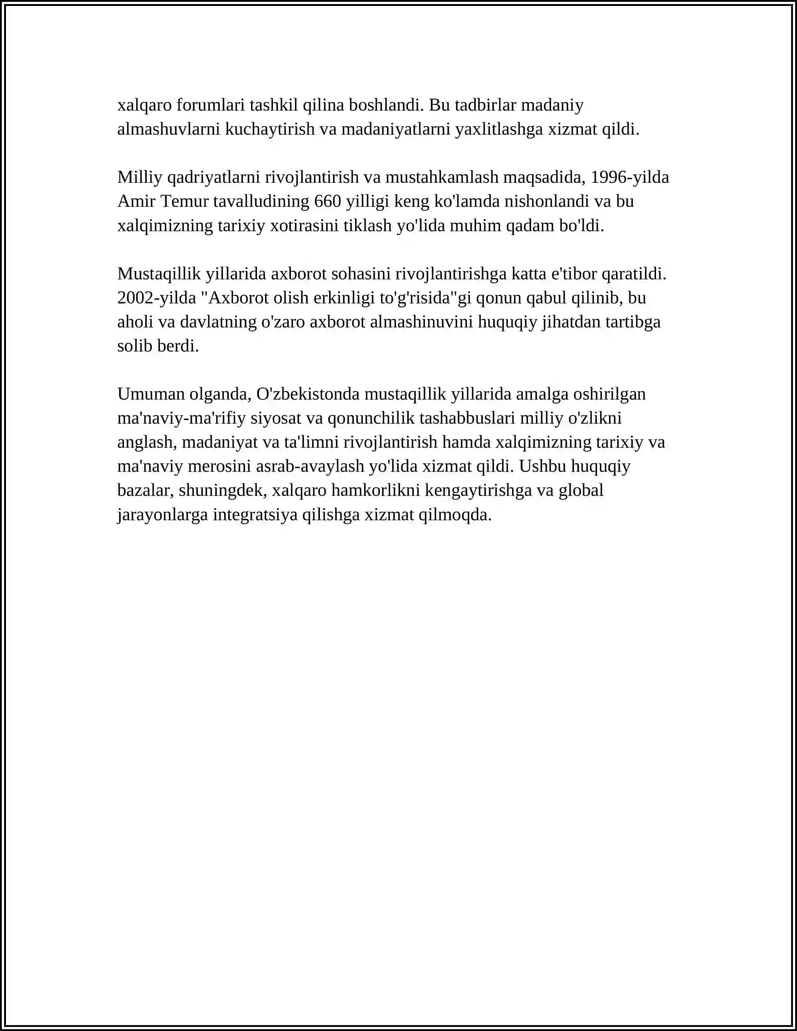 MUSTAQILLIK YILLARIDA O‘ZBEKISTONDAGI MA‘NAVIY VA MADANIY TARAQQIYOT 4