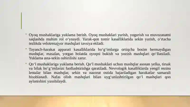 Umumiy jismoniy tayyorgarlik, nozologiya bo'yicha oyoq, qo'l va tana mushaklariga yuklamalarni berish. 4