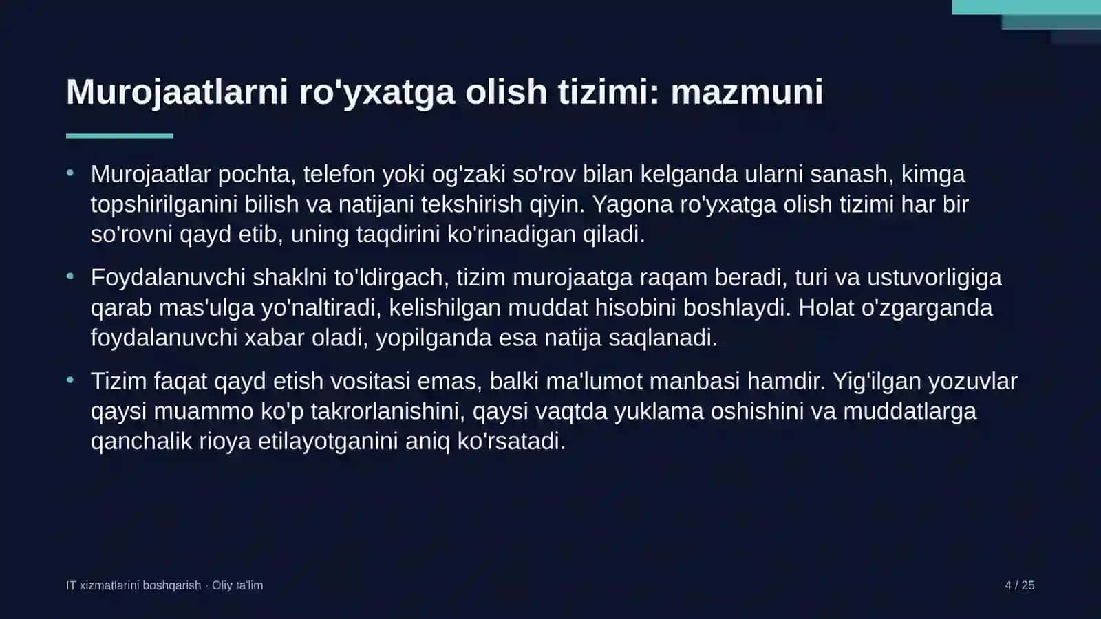 IT xizmatlarini boshqarish · Oliy ta'lim 4