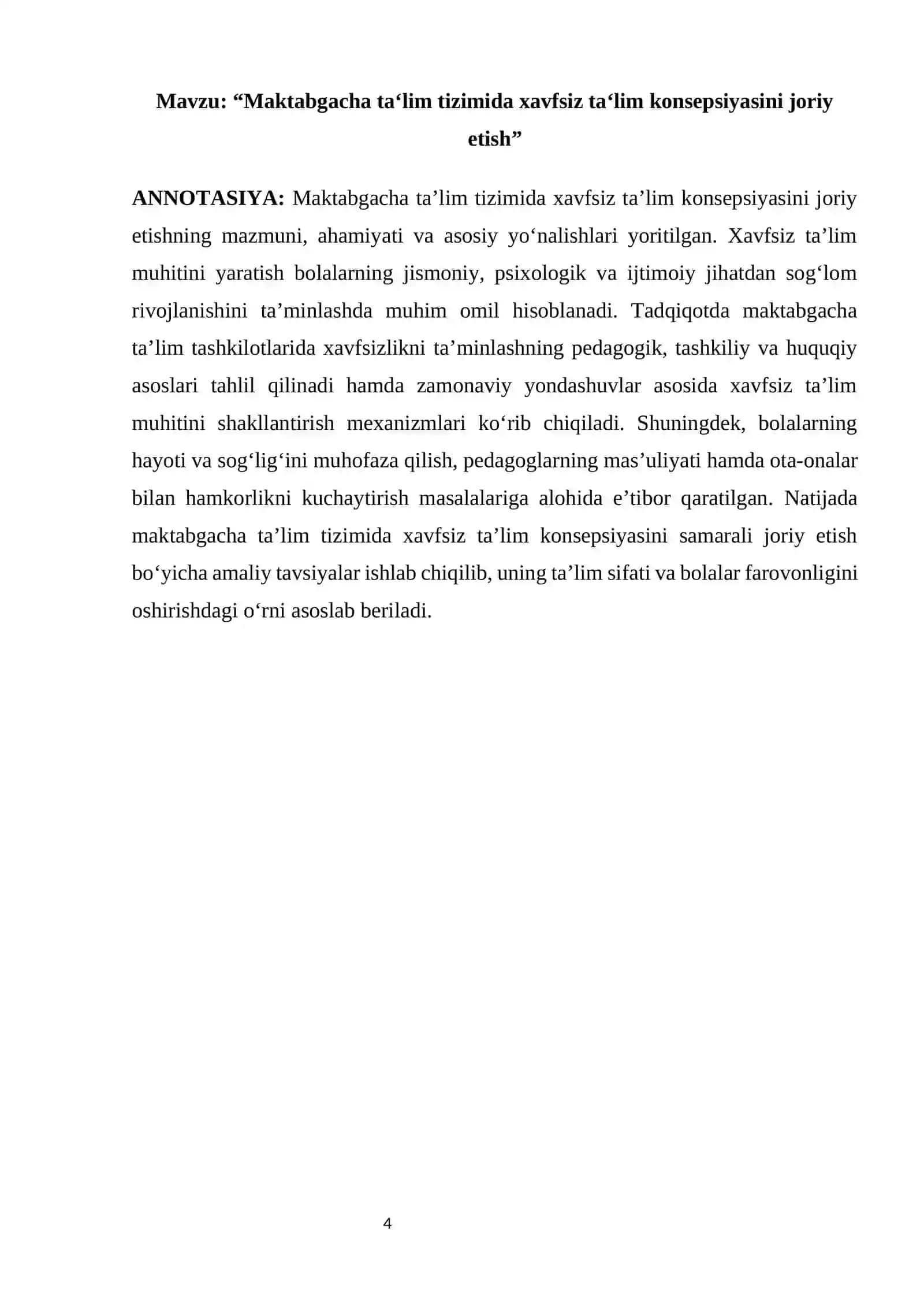 “Maktabgacha ta‘lim tizimida xavfsiz ta‘lim konsepsiyasini joriy etish” 4