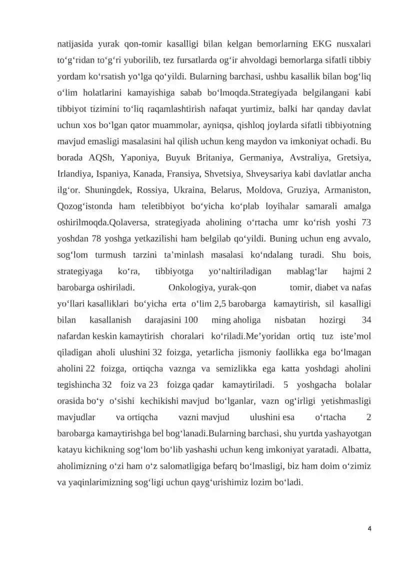 "Zamonaviy axborot texnologiyalaridan bugungi kunda foydalanish darajasi, ularni tibbiyotning turli sohalarida ma’lumotlar to’plashda, diagnostika va davolashda tutgan o’rni" 4