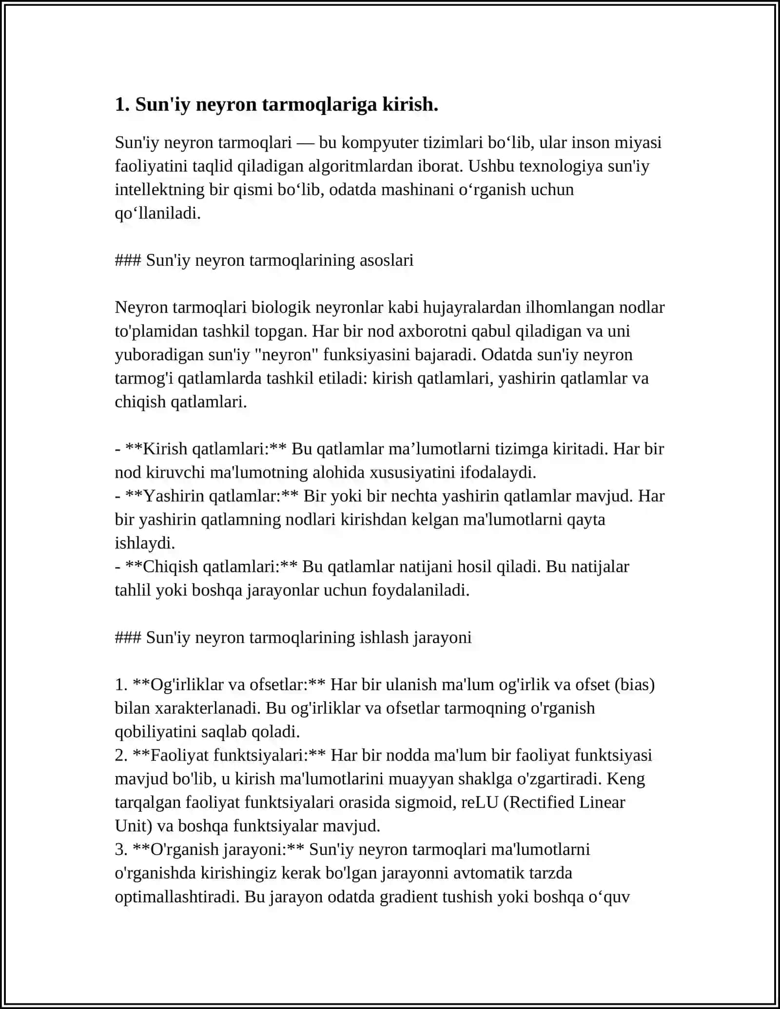 SUN’IY NEYRON TO’RLARINI URGATISH, XATOLARNI TESKARI TARKALISHI USULI 4