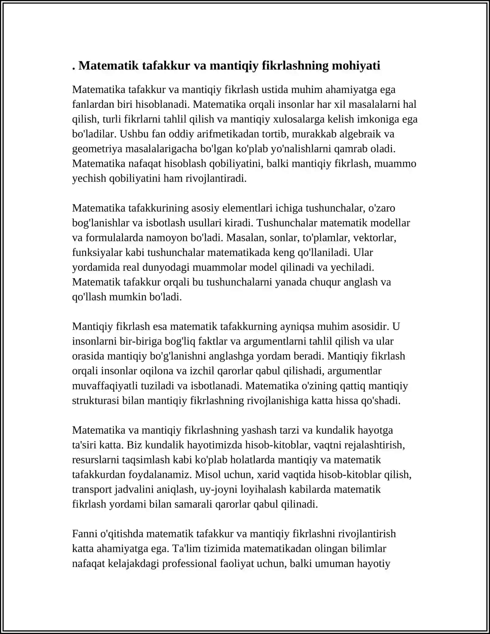 UCHUNCHI SINFDA MATIMATIKADAN TAFAKKURNI, MANTIQIY FIKRLASHGA RIVOJLANTIRUVCHI IJODIY TOPSHIRIQ TARZIDA MASALALAR USTIDA ISHLASH METODIKASI 4