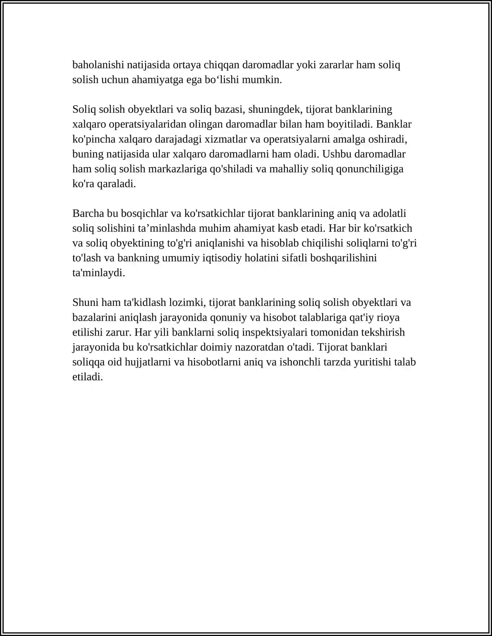 TIJORAT BANKLARNI SOLIQQA TORTISHNING O‘ZIGA XOS XUSUSIYATLARI 4