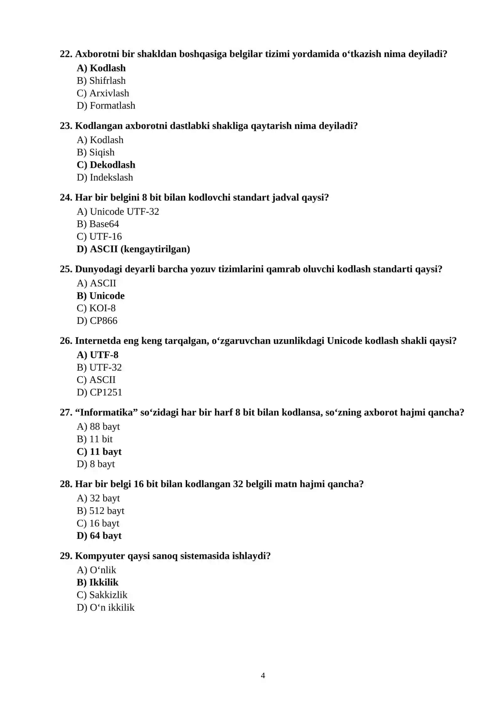 “AXBOROT TEXNOLOGIYALARI” BO‘YICHA 500 TA TEST SAVOLLARI JAVOBLARI BILAN 4
