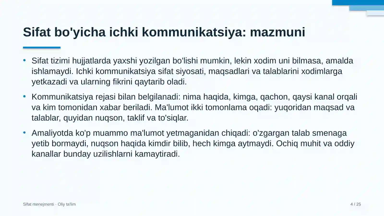 qurilish montaj boshqarmalarida sifat bo'yicha ichki kommunikatsiyalarni yo'lga qo'yish 2987 4