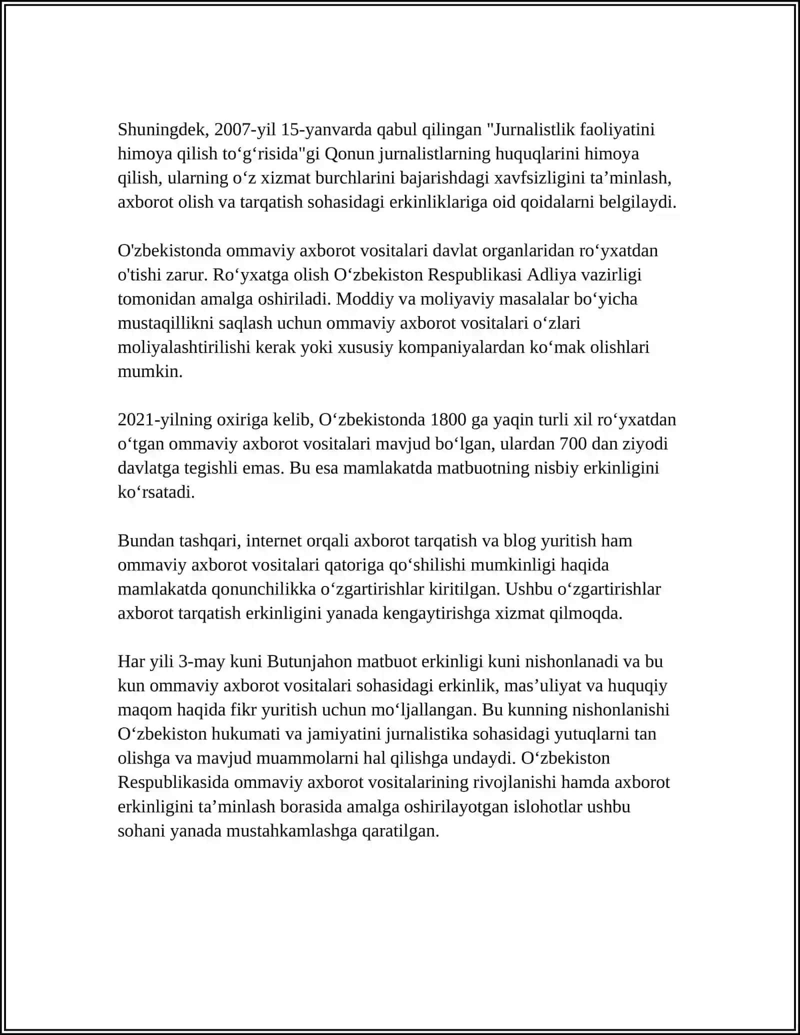 O'ZBEKOSTON RESPUBLIKASIDA OMMAVIY AXBOROT VOSITALARINING FAOLIYATI 4