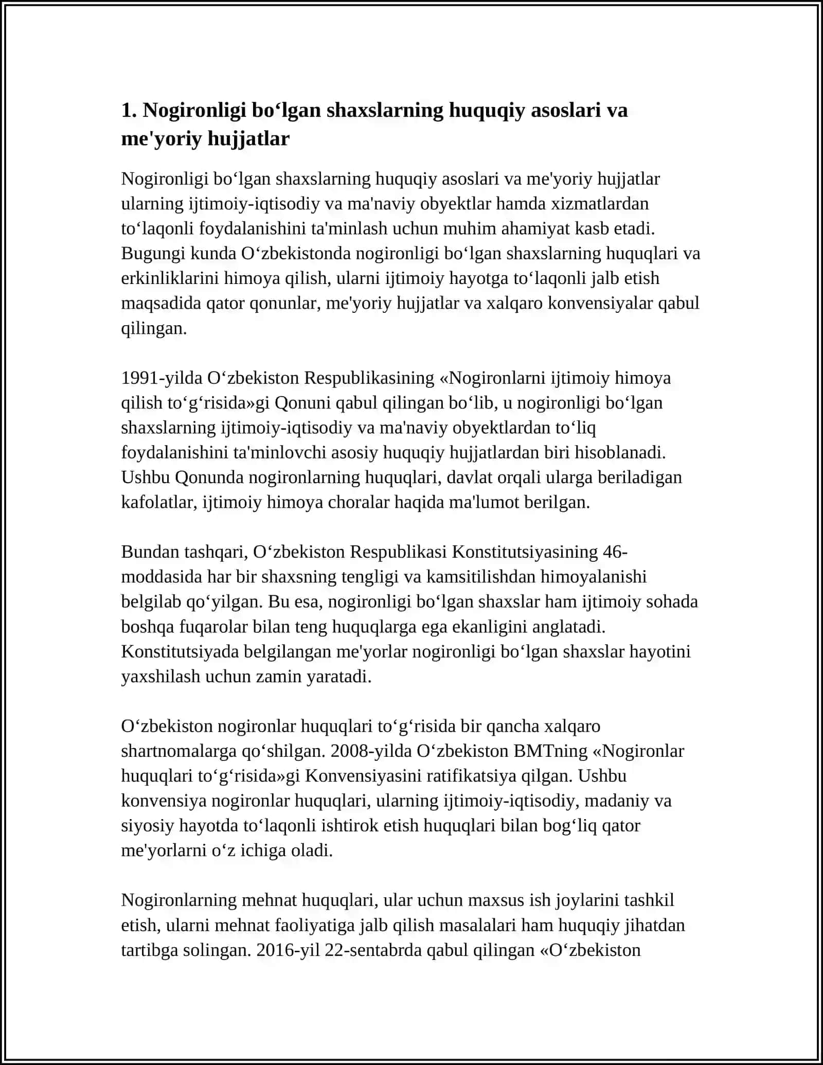 NOGIRONLIGI BO'LGAN SHAXSLARNING IJTIMOIY-IQTISODIY VA MA'NAVIY OBYEKTLARI VA HIZMATLARDAN TO'LAQONLI UCHUN YARATILGAN ME'YORIY 4
