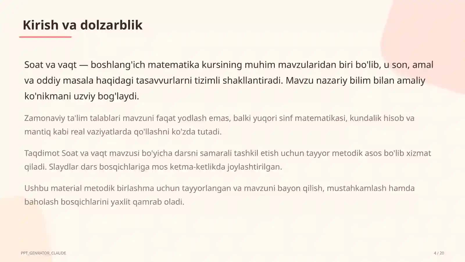 Boshlang'ich sinf: Matematika (1–4) — metodik birlashma uchun 4
