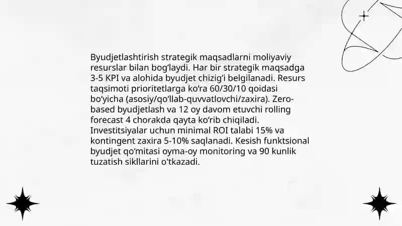 Strategiyani bajarish: byudjetlar, siyosatlar, eng yaxshi tajriba, quvvatlash va mukofotlash tizimi 4