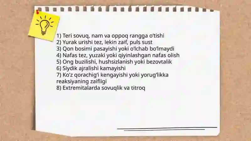 Jarohat asoratlari: shok, qon ketish, asfiksiya. Evakuatsiya bosqishlarida birinchi yordam korsatish 4
