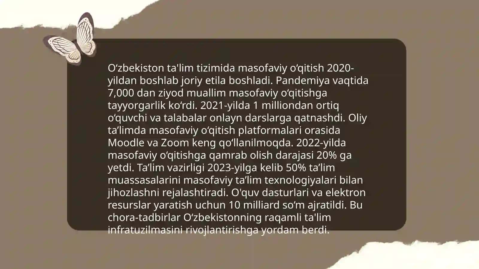 Õzbekiston Respublikasida masofadan õqitishning rivojlanishi va sohada olib borilayotgan kompleks ilojlar 4