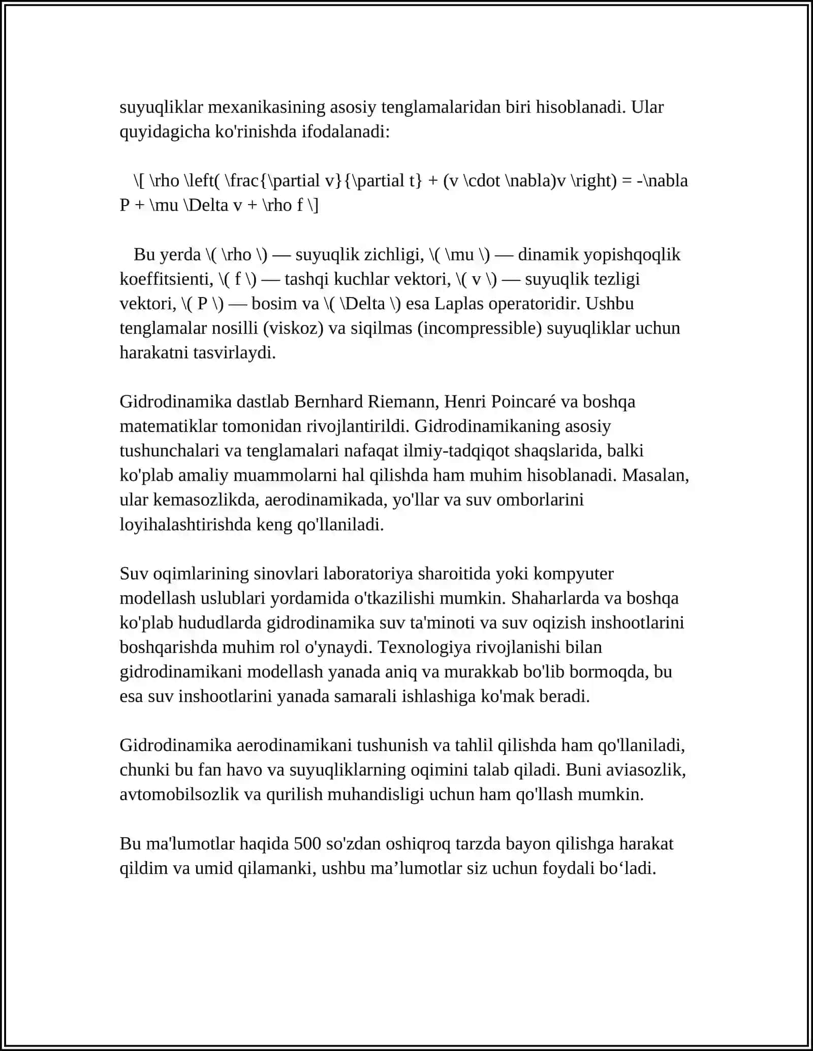 GIDRODINAMIKA SUYUGLIKLARNING HARAKAT TARTIBI. BERNULLI TENGLAMALARI, ENERGIYANING BIR TURDAN BOSHGA TURGA AYLANISHI VA YOʻQOTILISHI. TOʻLIQ ENERGIYAN HISOBLASH 4