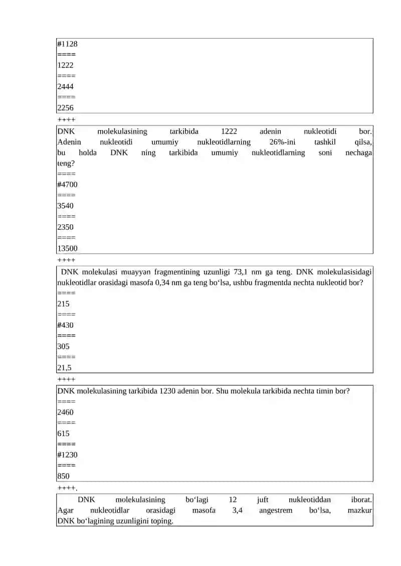 BIOLOGIK KIMYO VA MOLEKULYAR BIOLOGIYA TEST SAVOLLARI 4