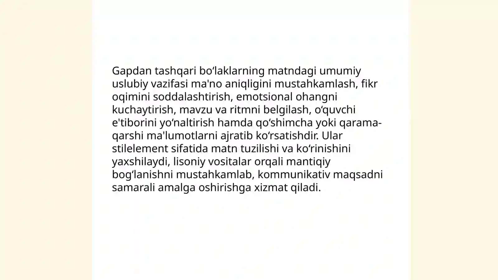 Gapdan tashqari bo‘laklarning matn tarkibidagi uslubiy vazifasi 4